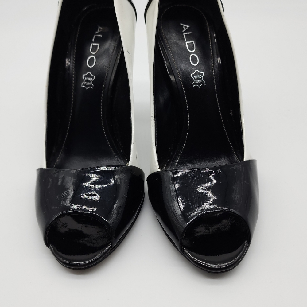 Aus6/ 37 Aldo Black and White Patent Leather Open Toe Heels Shoes - Picture 13 of 16